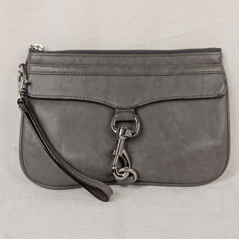 REBECCA MINKOFF Grey Leather MAC Wristlet Clutch Blue Polka Dot Lining